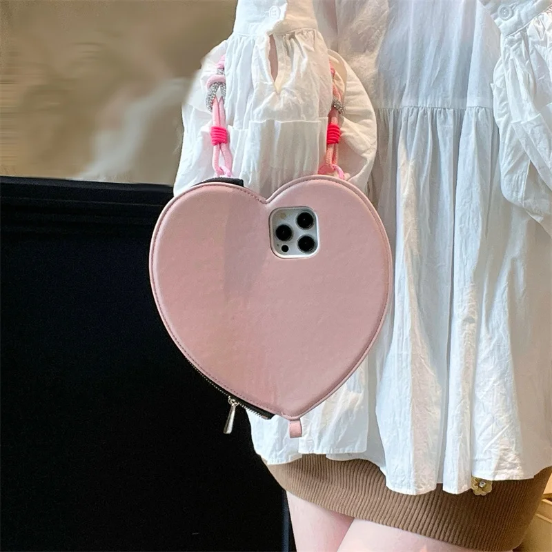 

Korean Cute Love Coin Purse Phone Case For iPhone 16 Pro 15 14 13 Pro Max Cover Cases Bag with Hand Strap Kawaii Leather Funda