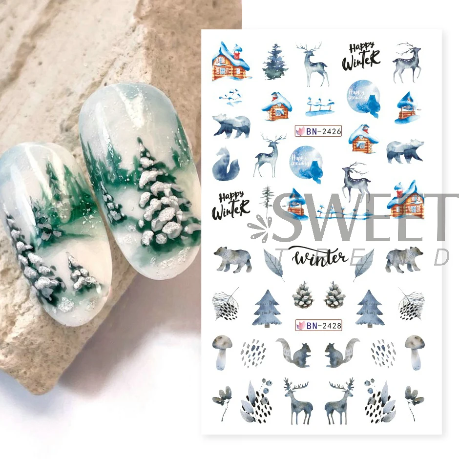 12pcs Winter Forest Styling Water Stickers For Nail Gradient Snowflake Bird Elk Design Xmas Manicure Charm Sliders LYBN2425-2436