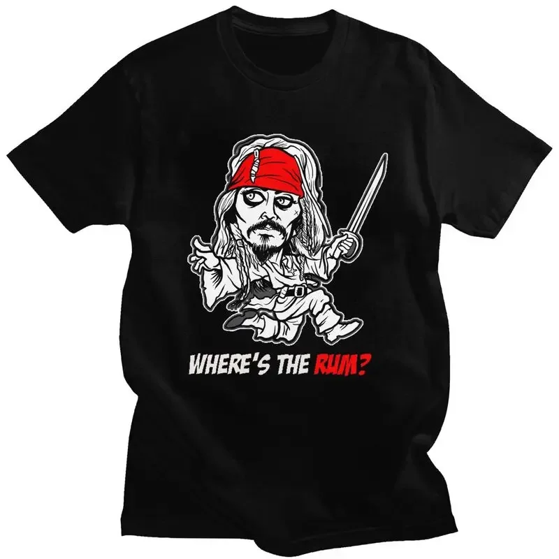 Jack Sparrow Art Pirates Of The Caribbean T Shirt for Men 100% Cotton Tee Where's the RUM Tshirt Short Sleeve T-shirt Merch