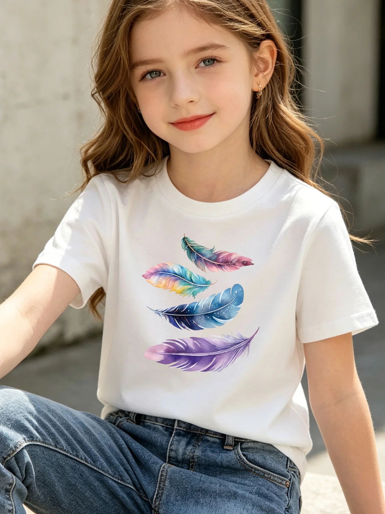 Parent Child Matching Tee Colorful Watercolor Feather Graphic Short Sleeve Cotton T Shirt Girl Boy Kids Spring Casual Daily Wear