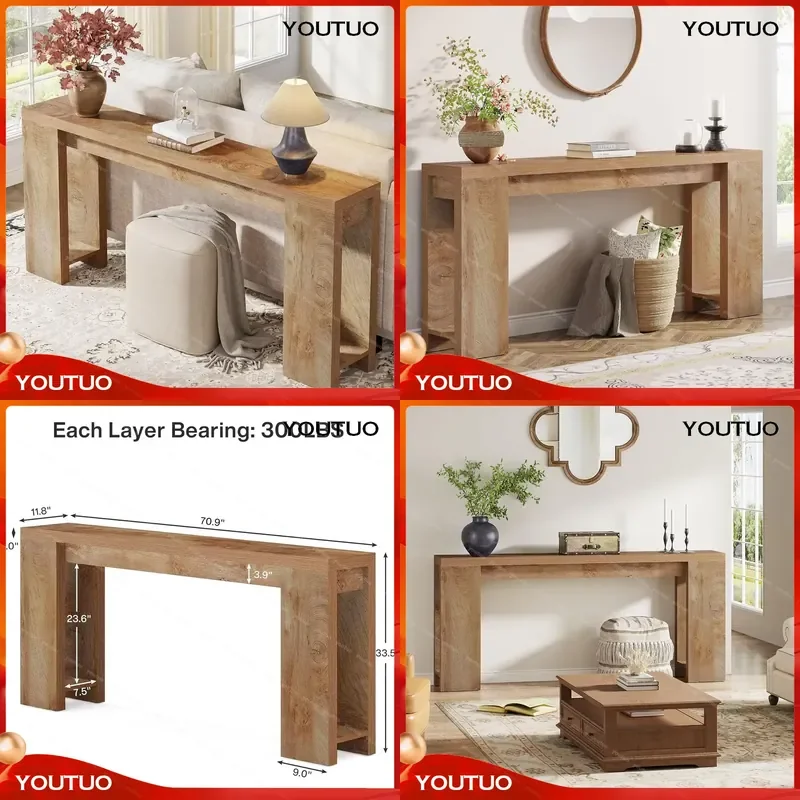 70.9 Inch Extra Long Console Table Farmhouse Wood Sofa Table Behind Couch  Foyer Light Oak Brown