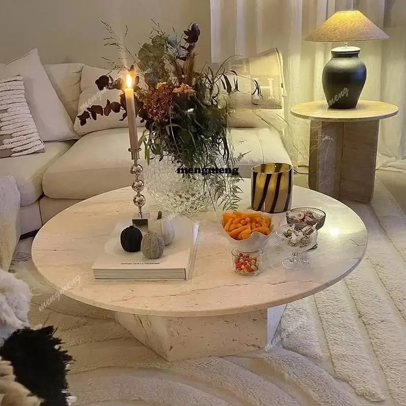 

Hot sales Natural marble coffee table Modern minimalist travertine ultra-white round coffee table Living room coffee table Itali