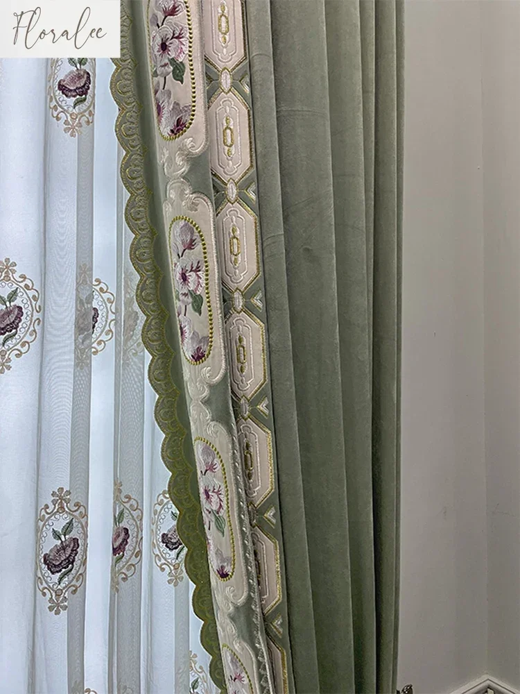 Villa Custom Embroidered Window Screen Green Velvet Thickened Curtains For Living Room Bedroom French Window Balcony Custom