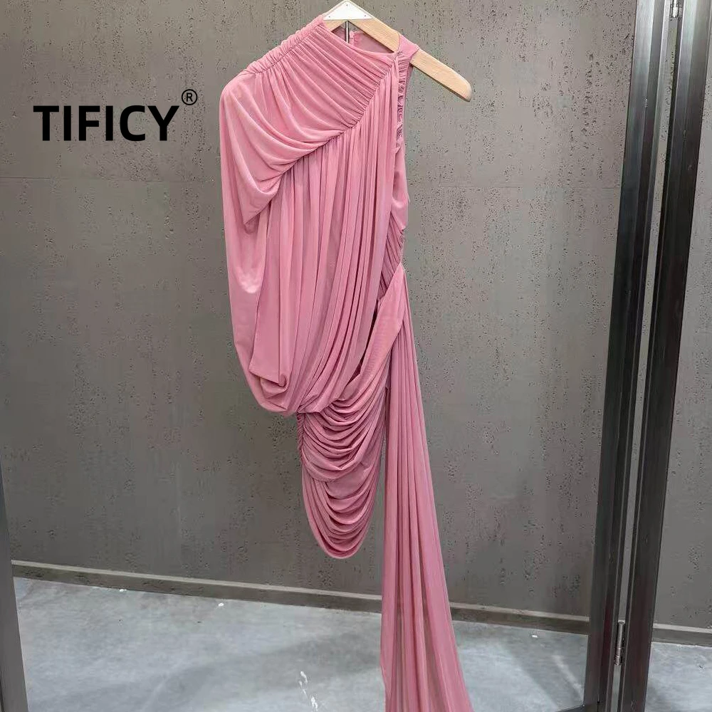 

High Street Dresses Women's Spring and Summer Round Neck Asymmetrical Single Shoulder Sleeve Pleated Ribbon Dress Hip Hugging