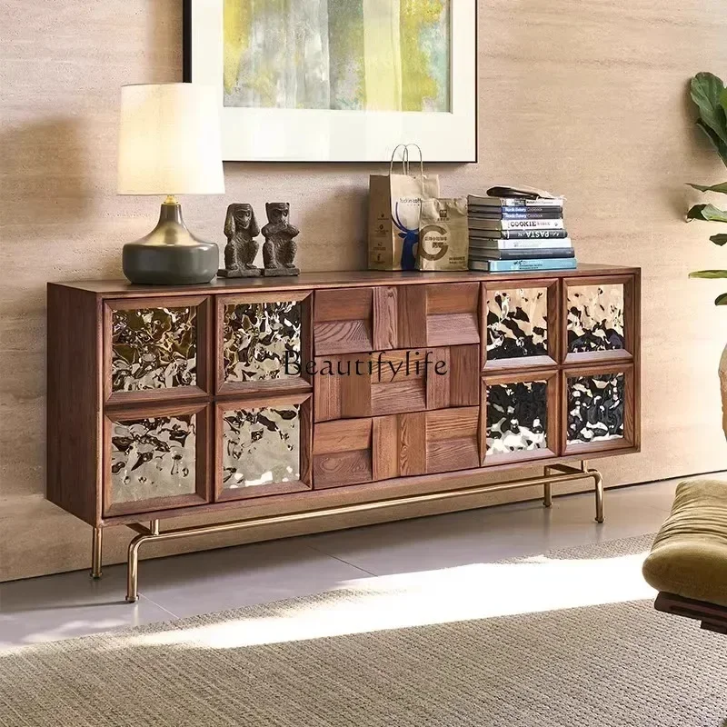 

French solid wood living room porch cabinet glass door ash wood household locker