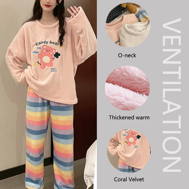 Thickened Warm Large Size Autumn Winter Pyjamas Long-Sleeved Trousers Female Coral Velvet Cartoon Bear Two-Piece Homewear Girl