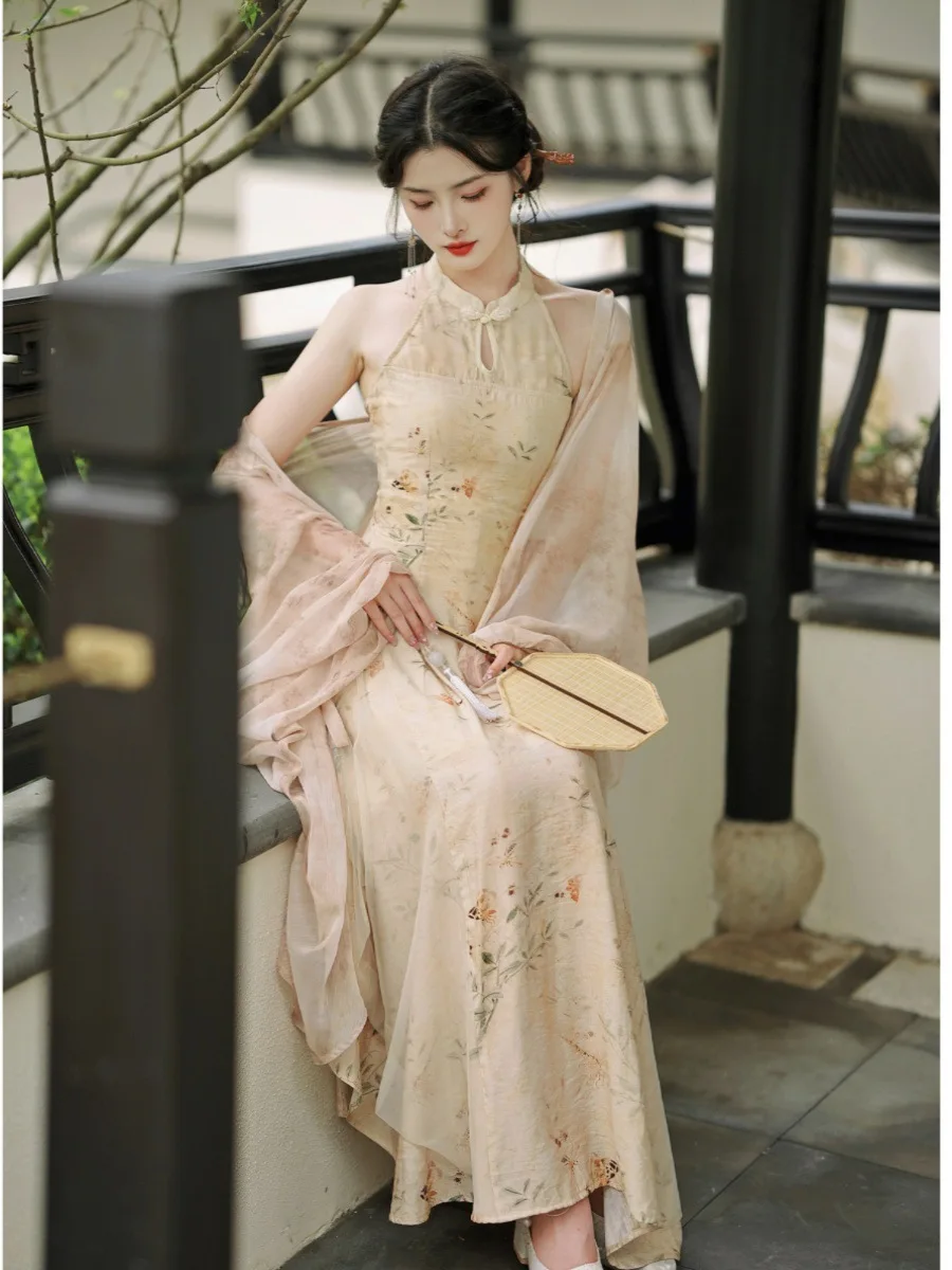 Sexy Lady Sleeveless Chiffon Cheongsam With Shawl Elegant Women Daily Qipao Dress Retro Chinese Traditional Oriental Clothing