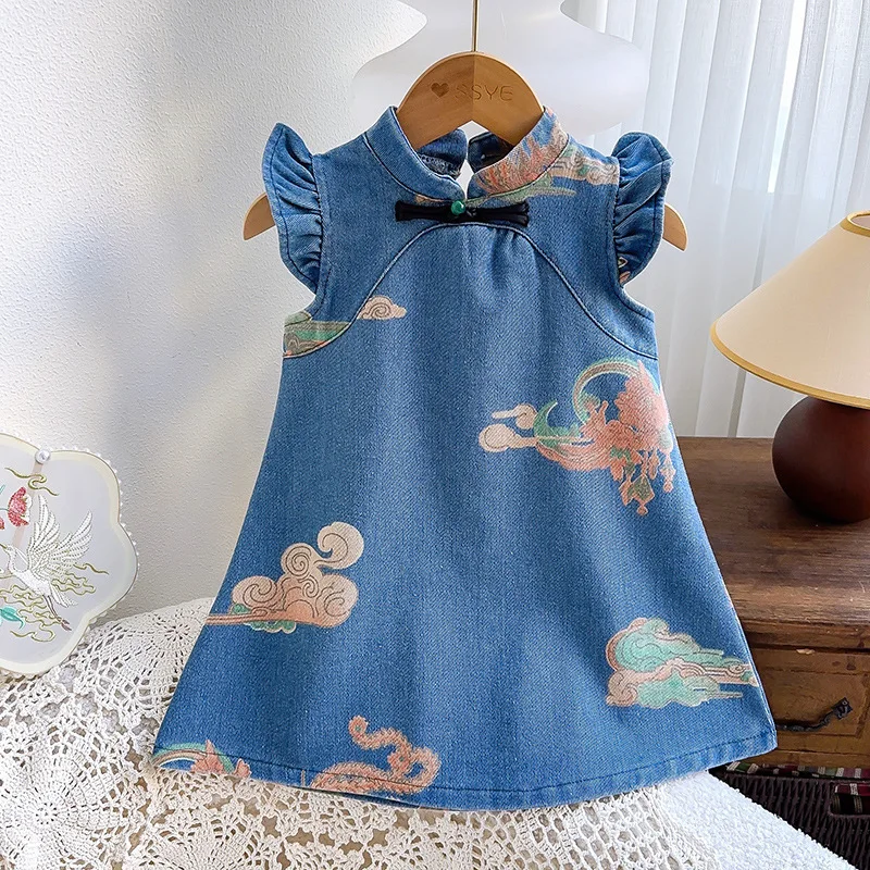 Girls Denim Dress Summer 2024 Children Fashion Princess Dress For Baby Birthday Party Clothes Kids Cute Costume Toddler Outfits