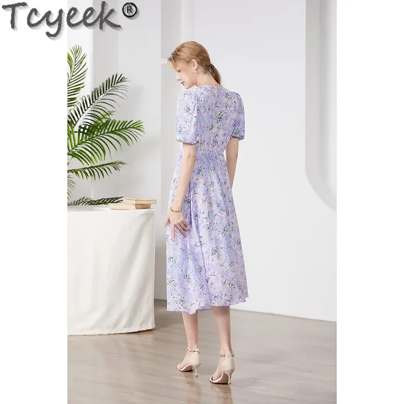 100% Tcyeek Real Mulberry Silk for Women Spring Summer Clothes Elegant and Pretty Women's Dresses High-end Floral Dress