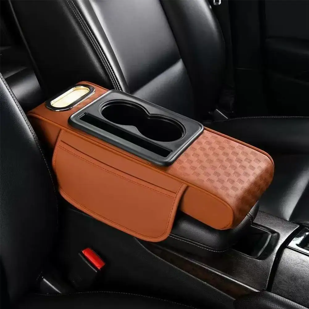 Car Center Console Height Increasing Armrest Cushion Multifunctional PU Leather Armrest Pad with Cup Holder Tissue Box Universal view 4