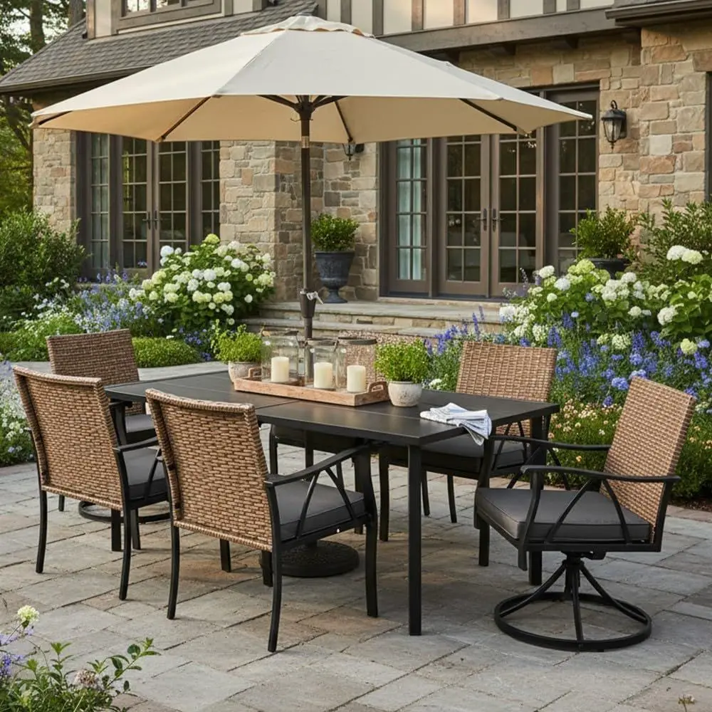 

7-Piece Outdoor Dining Set with Wicker Swivel Chairs and Cushions, Black Woodgrain Table with Umbrella Hole