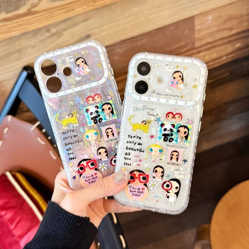 

Fashion Laser Conch Shell Texture Cartoon Girl Phone Case For iPhone 17 Pro 16 15 Pro Max Cover with Stand Shockproof Protective