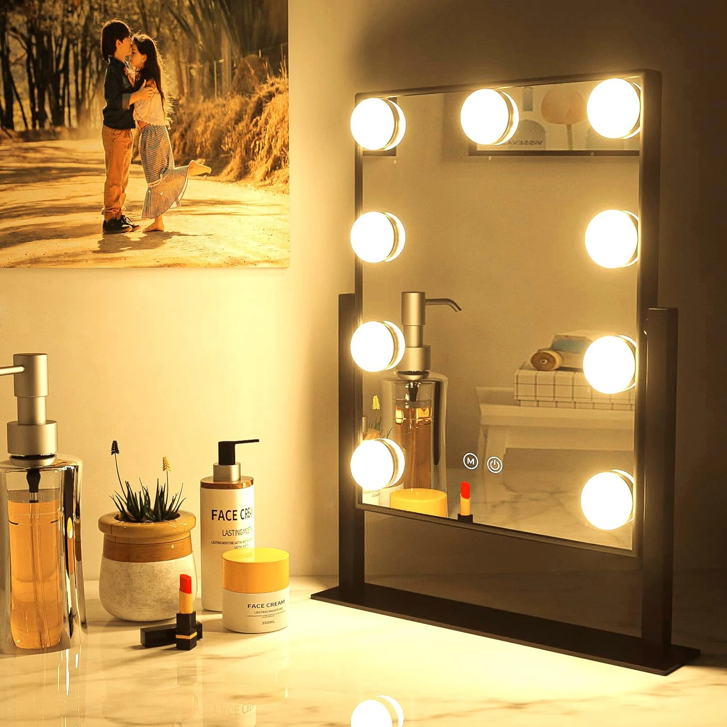 Vanity Mirror with Lights, Makeup Mirror with 9/12 Dimmable LED Bulbs, 3 Color Lighting Modes Touch Control Mirror, 360°Rotation