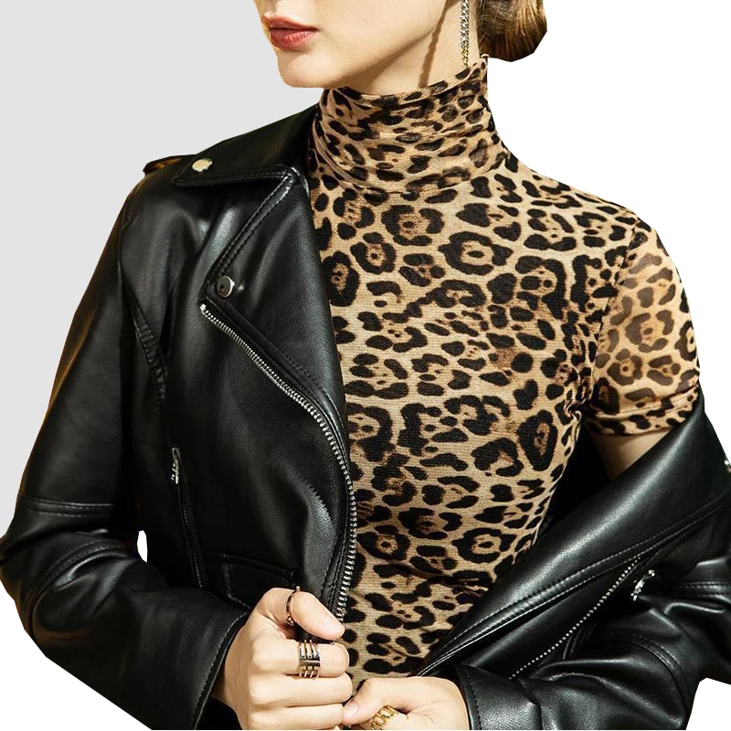 1pcs Women Autumn Ultrathin Leopard Print High Collar Mesh Short Sleeve Tops Lady Thermal Underwear Slim Fit Fashion Top