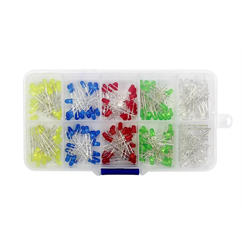 Mixed Color LED Light Emitting Diode Kit com Caixa, Vermelho, Verde, Amarelo, Azul, Branco, Variedade, Novo, 3mm, 5mm, 20 PCs/Lot, 200 PCs/Lot