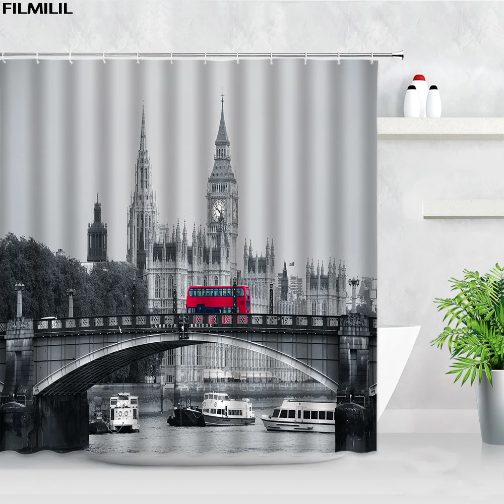 London Street View Shower Curtains Big Ben Red phone Booth Bus Printing Retro Wall Decor Cloth Screen Hooks Bathroom Curtain Set