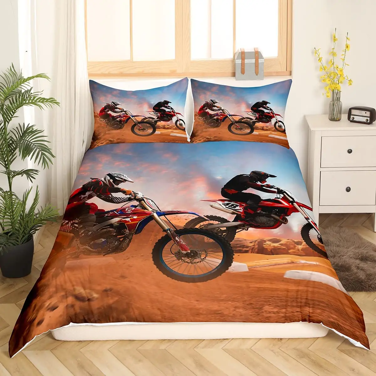 

Dirt Bike Duvet Cover Twin Motocross Rider Comforter Cover Extreme Sports Bedding Set Cool Motorbike Bedding Set for Boys Adults