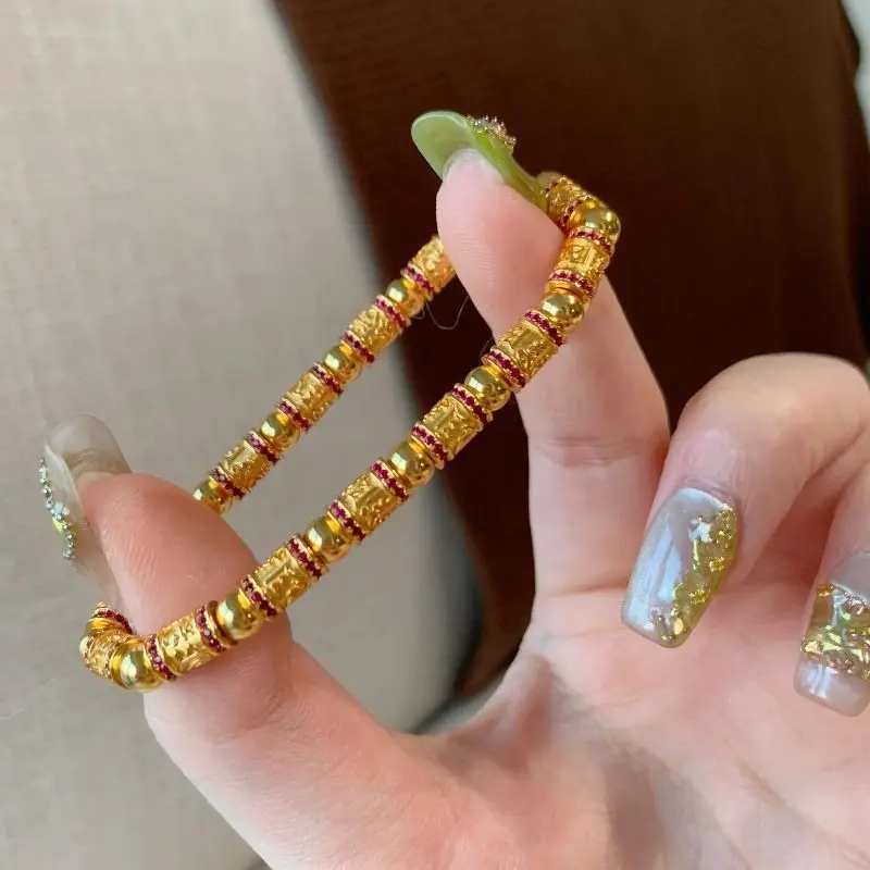 

Chinese Six Sacred Mantras Smooth Path Bead Diamond Inlay Gold Plated Elastic Bracelet Vintage Luxury Ethnic Adjustable Gift