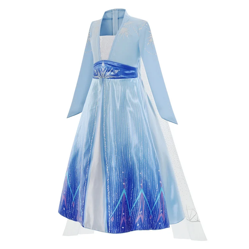 2026 Summer Elsa Blue Long Sleeve Fake Two Piece Princess Dress Fairy Tale Story Movie Cute Dress Carnival Costume + Accessory