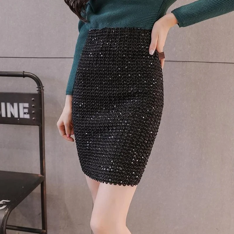 Chic and Elegant Woman Sexy Skirts Hip Midi Tight Sequin Women's Wrap Skirt High Waist Clothing Elasticity Korean Style Fashion