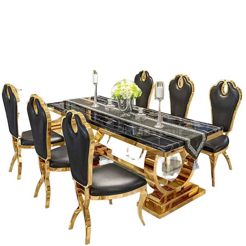 

Golden Stainless Steel Marble Dining Table 8 Seats Dining Table Set