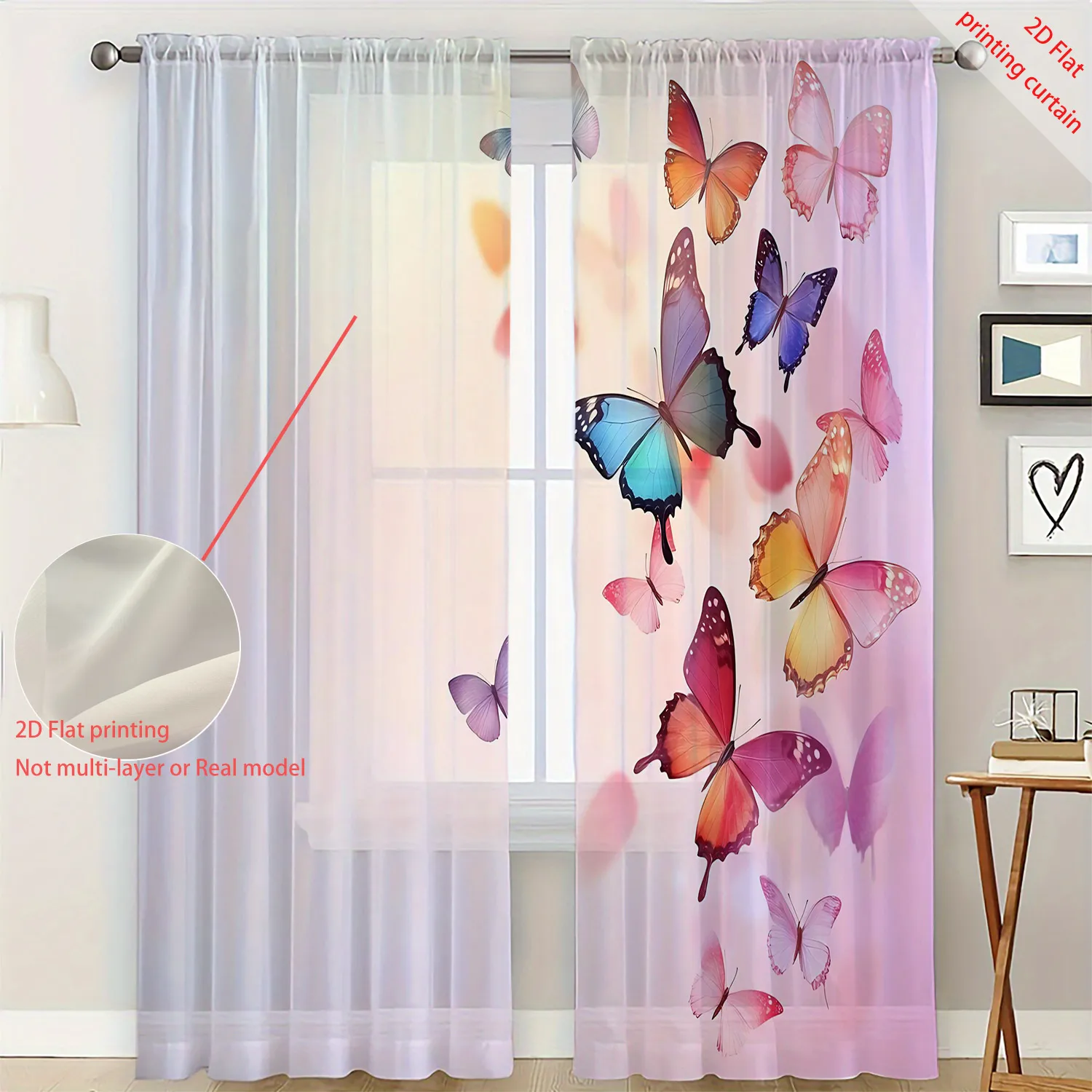 Butterfly printed transparent gauze curtain, dreamy home window decoration, used for office, living room, balcony windows