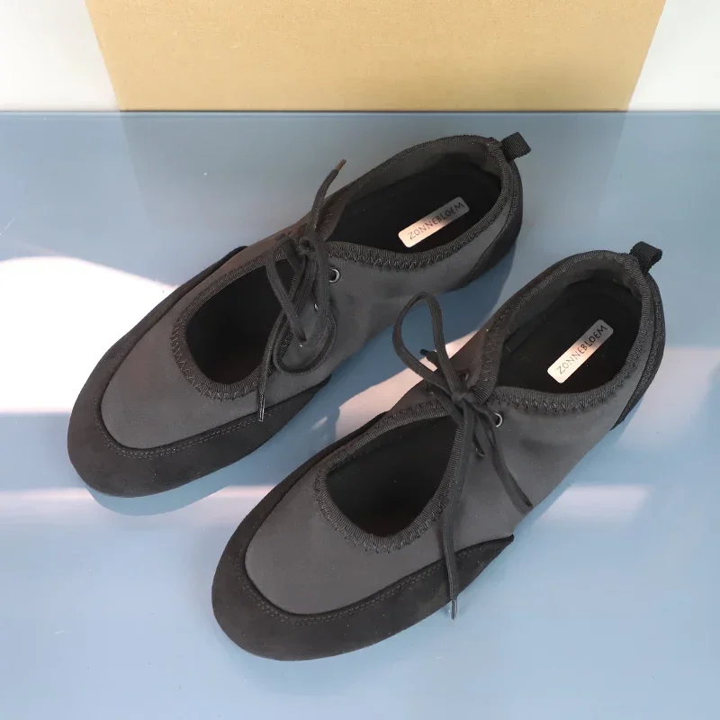 Black Lace-Up Women\'s Ballet Flats Comfortable Soft Satin Fabric Round Toe Ladies Autumn Shoes Brand Leisure Female Footwear