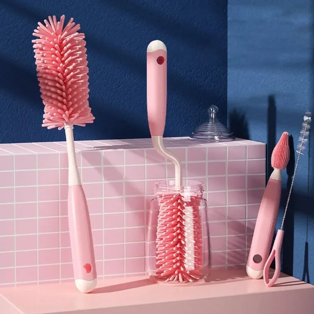 3 pezzi spazzola per pulizia bottiglia in silicone morbido ciuccio per bambini spugna di paglia piccola spazzola set di strumenti per la pulizia della tazza di vetro da 360 gradi