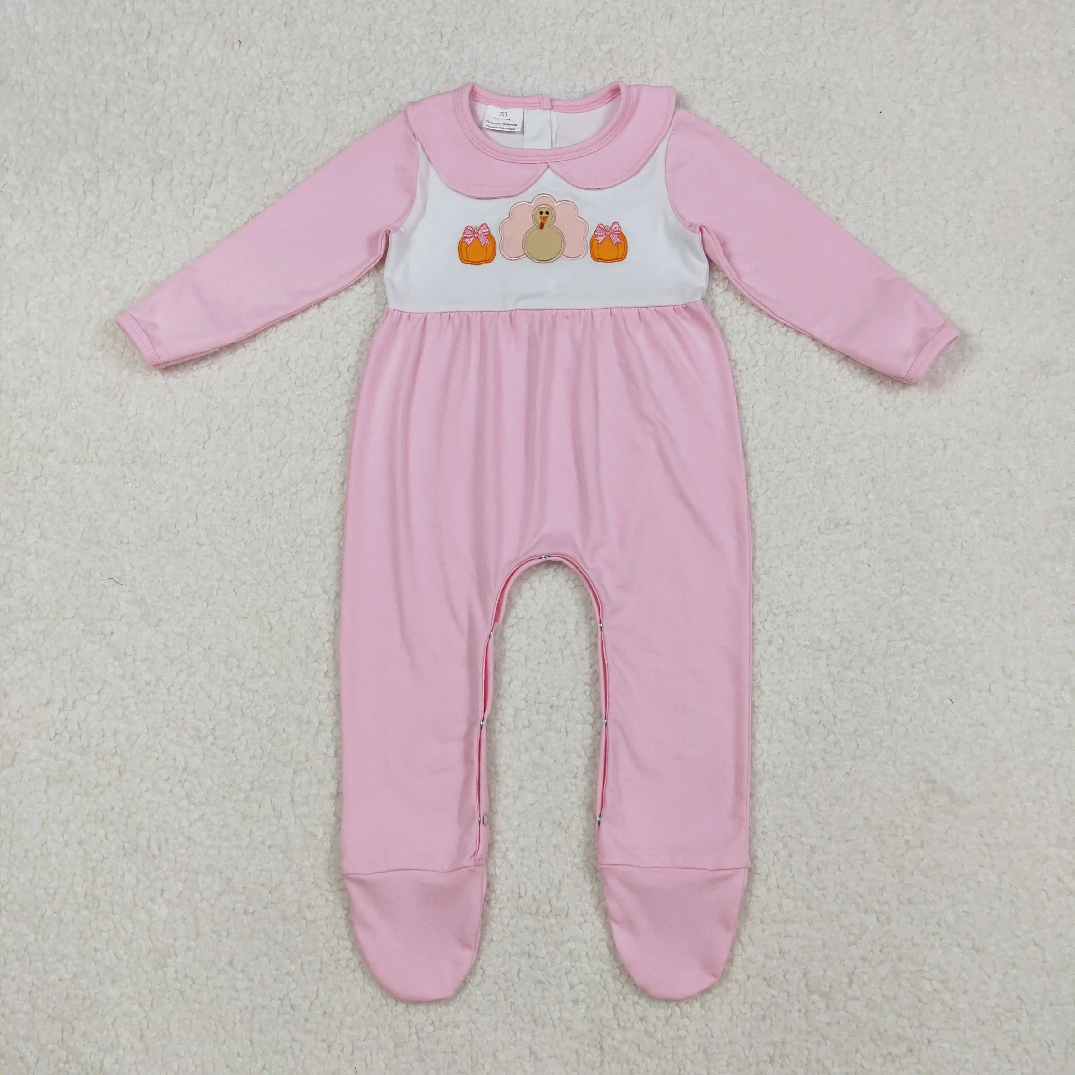 

X9.26 Baby girls' romper wholesale boutique embroidered pumpkin turkey pink long-sleeved onesie