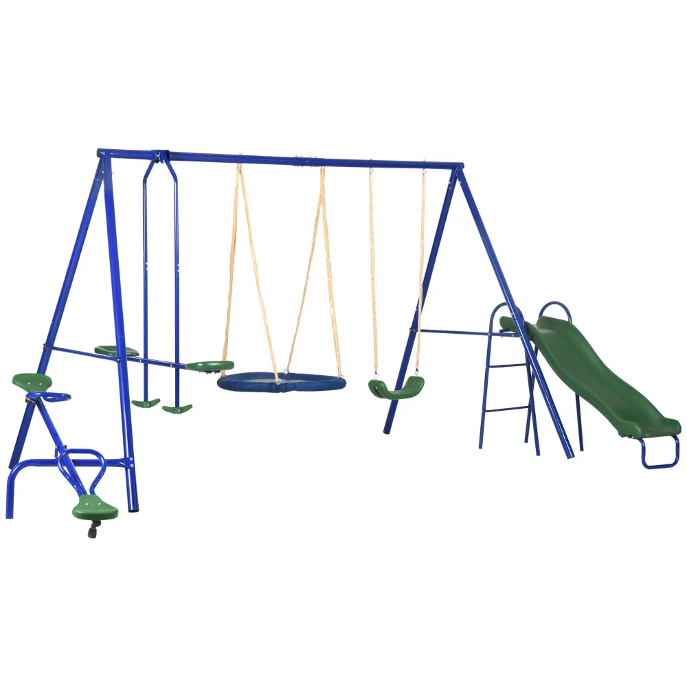 616 lbs Swing Set for Backyard, 5 in 1 Heavy-Duty A-Frame Stand Outdoor Playset for Kids, with Saucer Swing, Slide, Seesaw