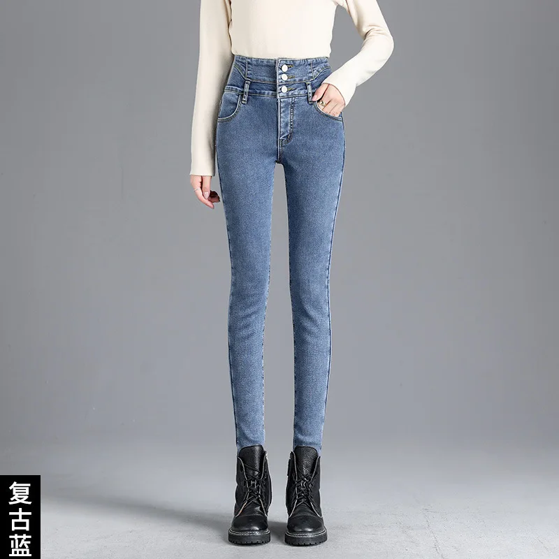 Calça feminina lápis de cintura alta, jeans até o tornozelo para senhoras, elegante e quente, preto e azul, inverno, 2023, 2023