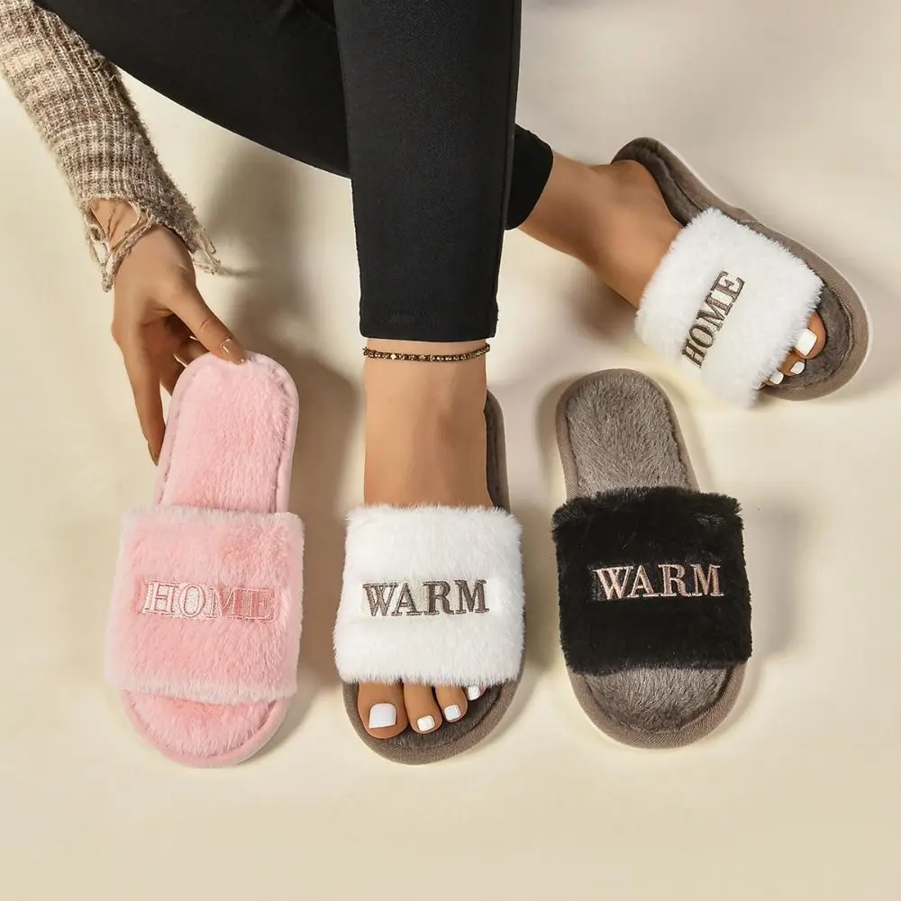 

Elegant Soft Casual Fluffy Slippers Warm Anti Slip Women Home Flats Letter Thick Sole Home Cotton Shoes Indoor