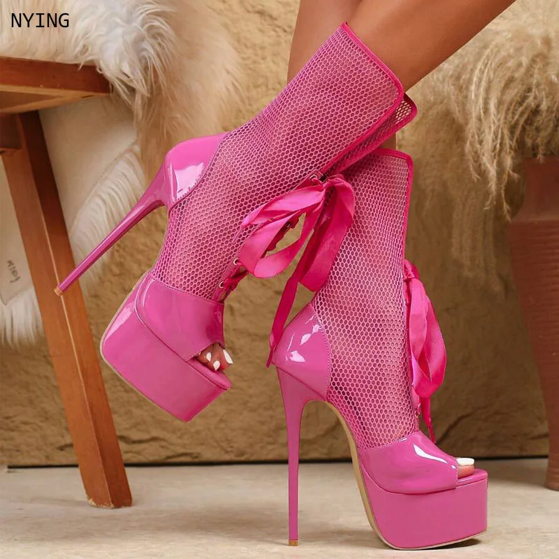 

2026 Women Elegant Party Wedding Shoes Sexy Open Toe Mesh Platform Sandals Nightclub Stripper Heels 44