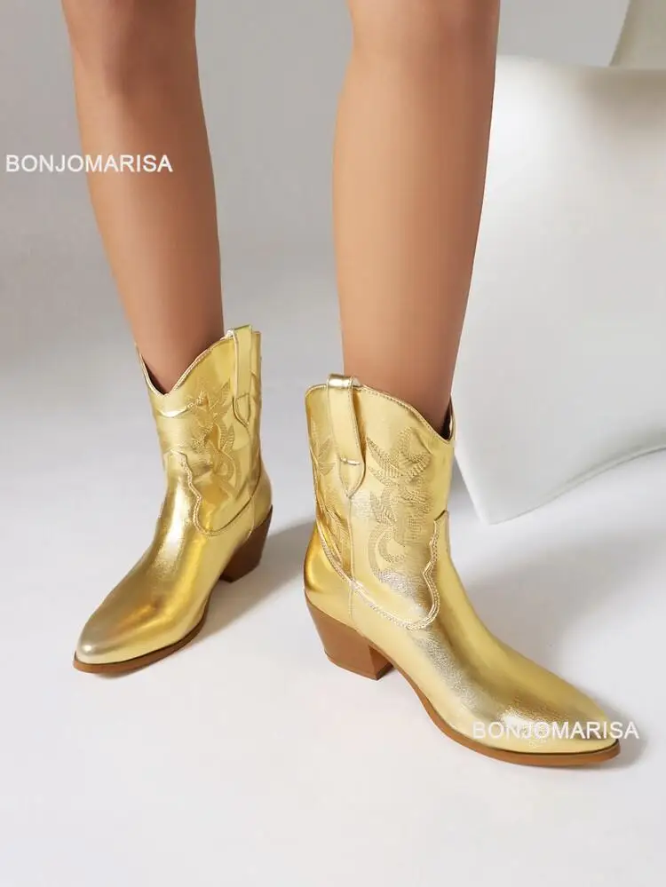 Kobiety Kowbojki Kowbojki Buty Haftowane Metaliczne Punk Buty Zลoto Srebro Buty na ลrednim obcasie Jesieล Zima Szpiczasty nosek Marka