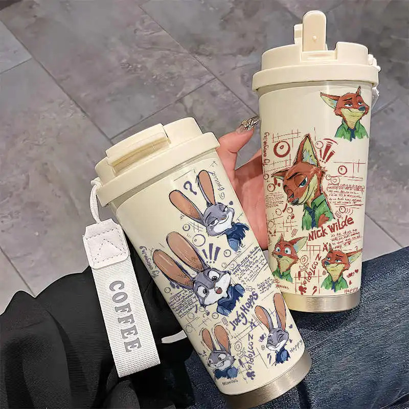 2025 Hot Zootopia Fox Nick Judy Rabbit 520ml Fangle Heat Preservation 304 Stainless Steel Straw Cup Portable Couple Style Cup