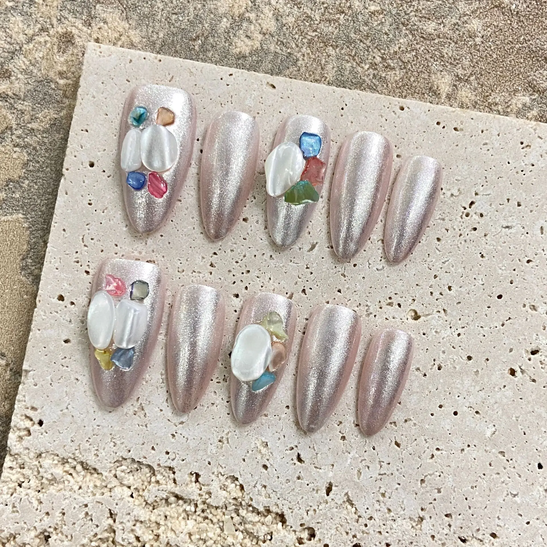 10pcs Baroque Nail Art Almond Long Beach Vacation Nails 3D RhinestoneTip Full Cover Ballet Artificial Handmade Press Nails