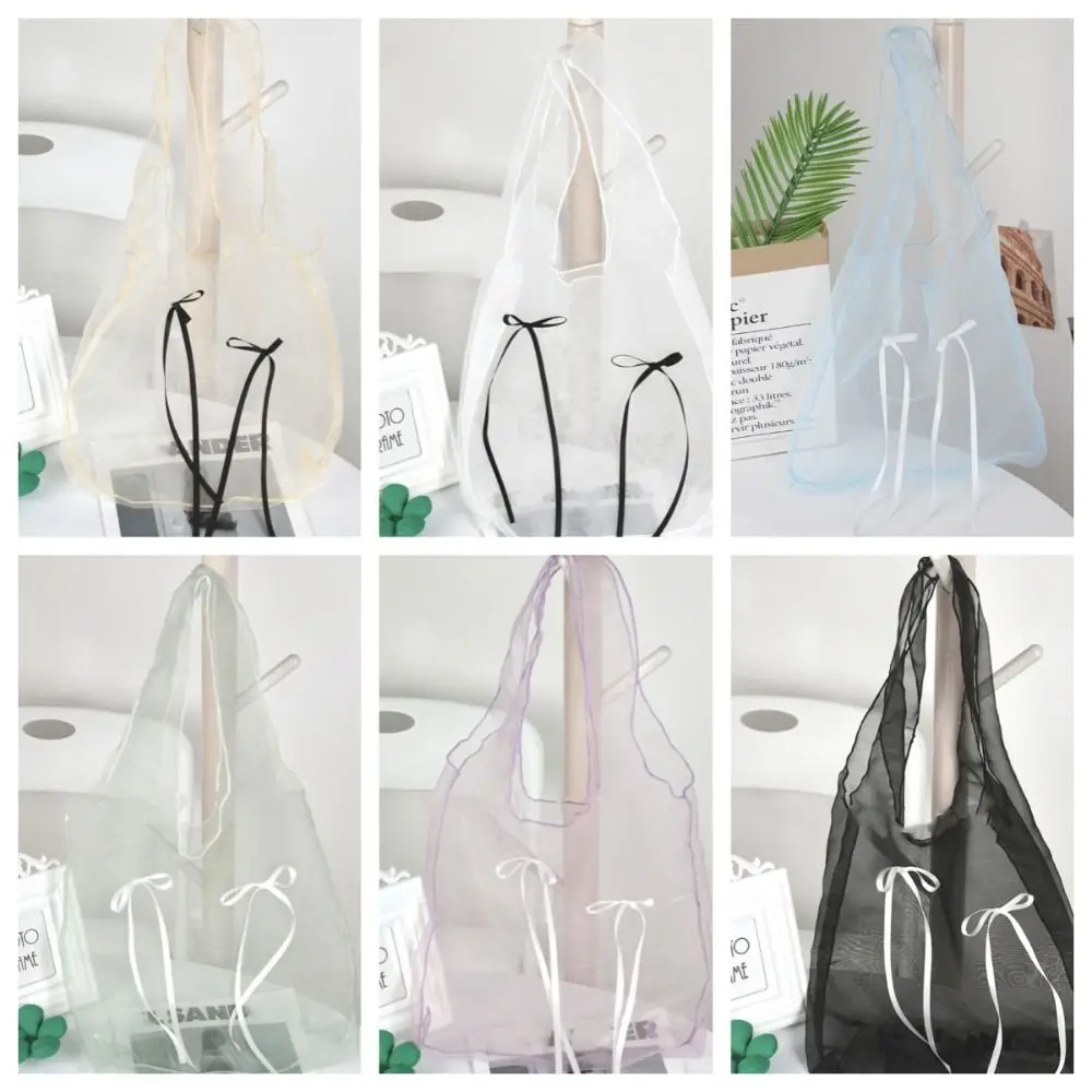 Large Capacity Mesh Tote Bag Bow Ribbon Solid Color Bow Underarm Bag Korean Style Photography Props Transparent Shoulder Bag