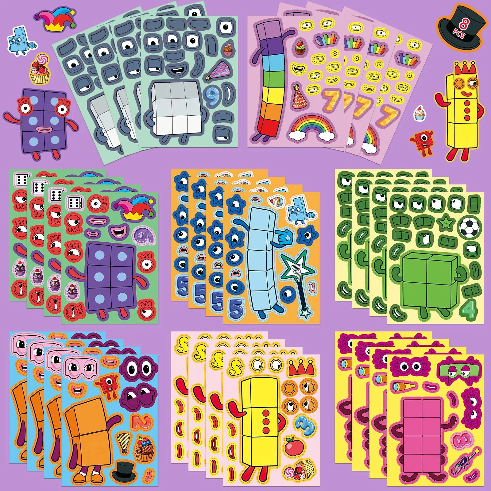 8-Pack Digital Building Make a Face Puzzle Stickers Notebook Diary Luggage Student Stationery Waterproof Decor Stickers