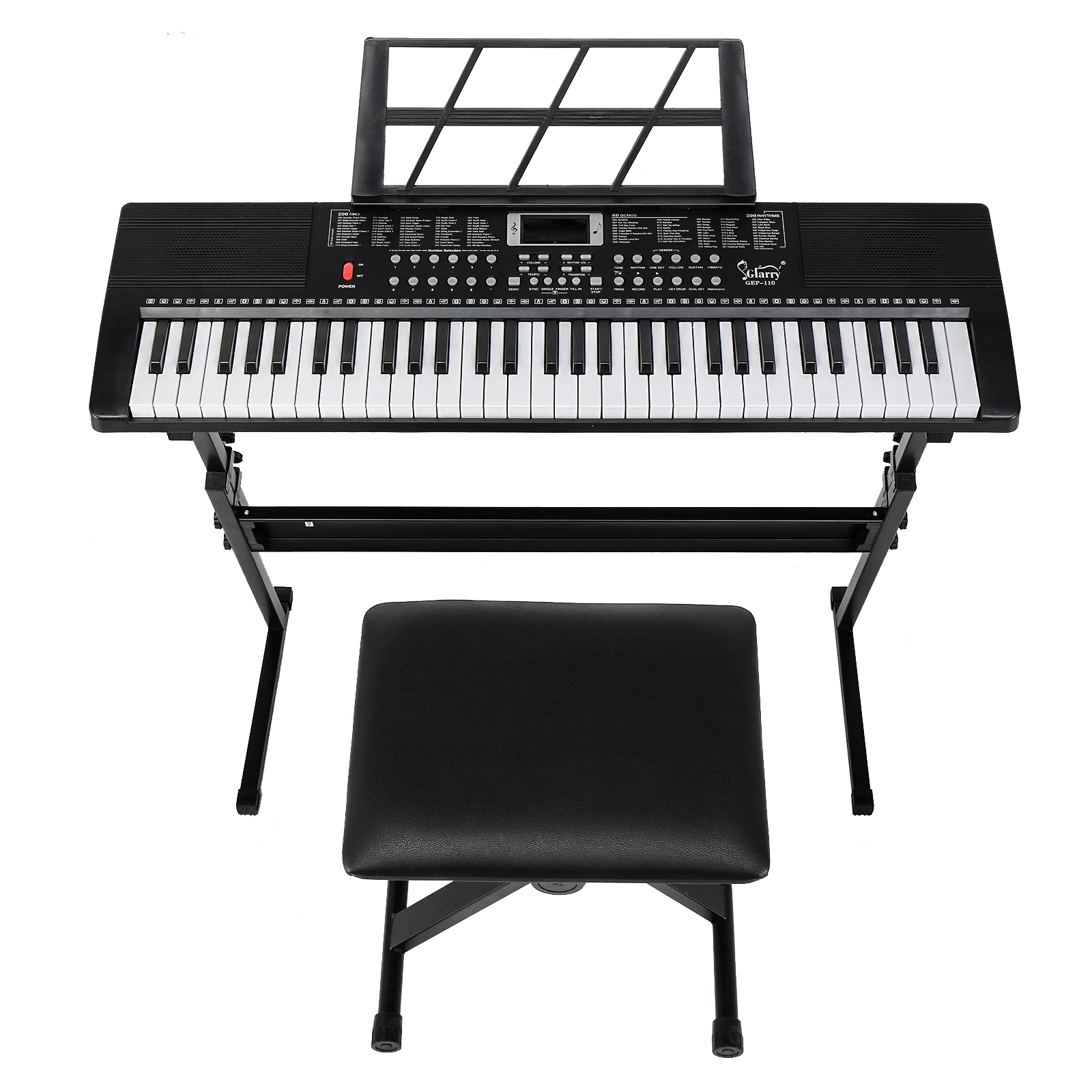 GEP-110 Teclado de 61 teclas con soporte para piano, banco de piano, altavoces integrados, auriculares, micrófono, reposapiés, pantalla LED