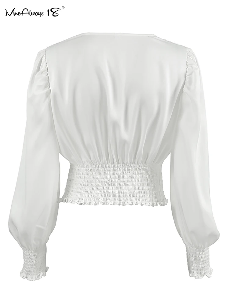 Mnealways18 V-Neck Sexy Women White Lantern Sleeves Ruched Cropped Tops High Street Ladies Cross Slim Autumn Blouses 2024 Chic