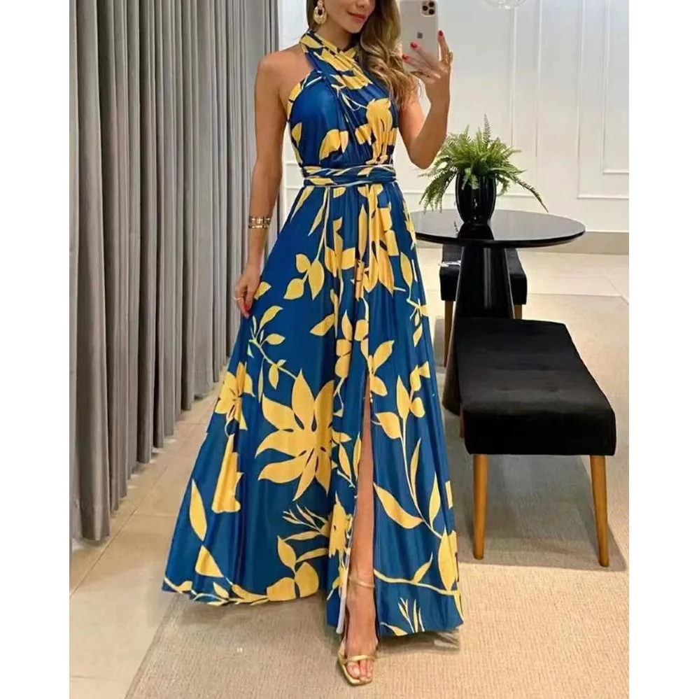 Summer New Women's Sexy One-shoulder Sleeveless Printed Dress Striped Hanging Neck High-waisted Open Fork Mid-length Dresses