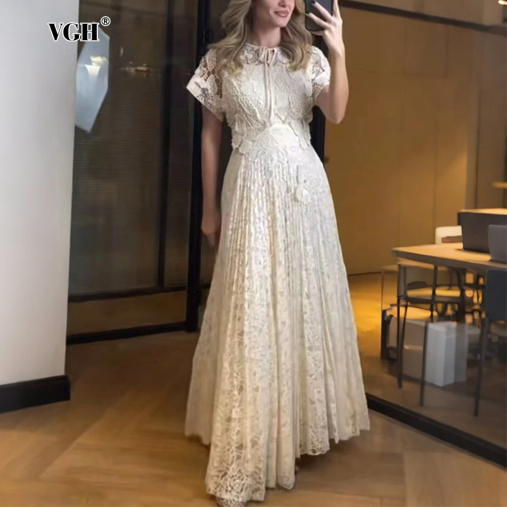 

VGH Elegant Patchwork Hollow Out Dresses for Women O Neck Short Sleeve High Waist Spliced Appliques Pleated Long Dress Female