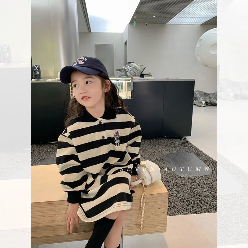 Girls Stripes Dresses Autumn Spring Long Sleeve polo neck Sweatshirt Dress Kids Fashion Casual Clothes 1-10 Years