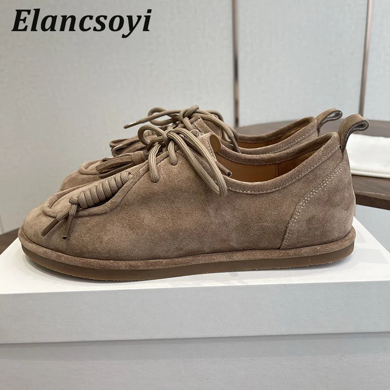 Lazy Loafers Women's Suede Lace Up Tassel Flat Shoes Spring Autumn Thick Bottom Casual Shoes Versatile Walking Shoes 2026