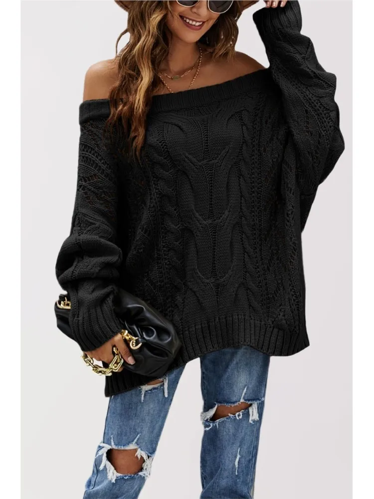 เสื้อไหมพรมถักทรงหลวมแบบเปิดไหล่ สไตล์ฤดูใบไม้ร่วงและฤดูหนาว ดีไซน์ใหม่สำหรับผู้หญิง คอเสื้อทรงเอ สีพื้น เรียบหรู