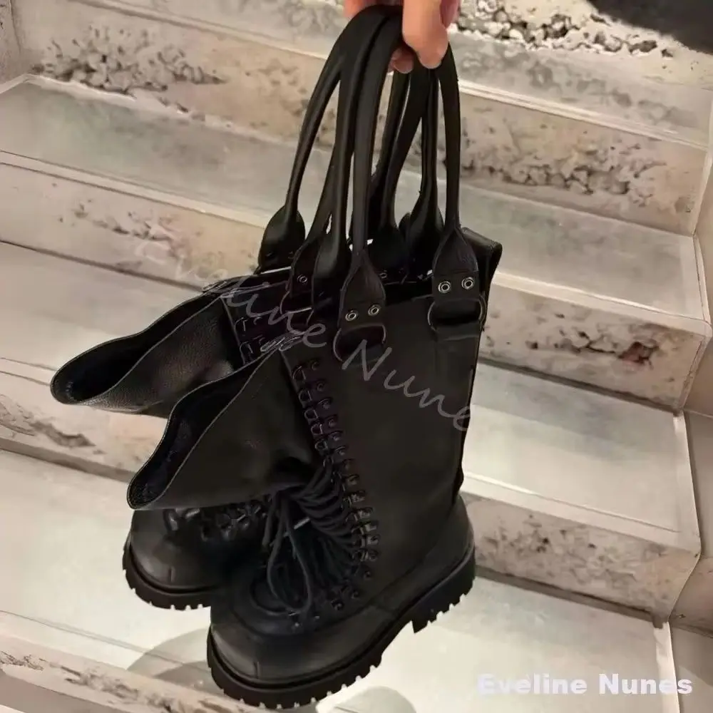Retro Genuine Leather Motorcycle Boots Women Big Toe Lace-Up Platform Knee High Work Boots 2026 Spring Hotties Punk Riding Boots