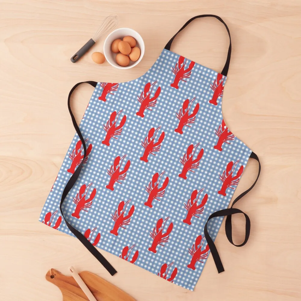 

Lobster On Blue Gingham Pattern Apron Chef Uniform Women House Things For Home And Kitchen For Men Apron