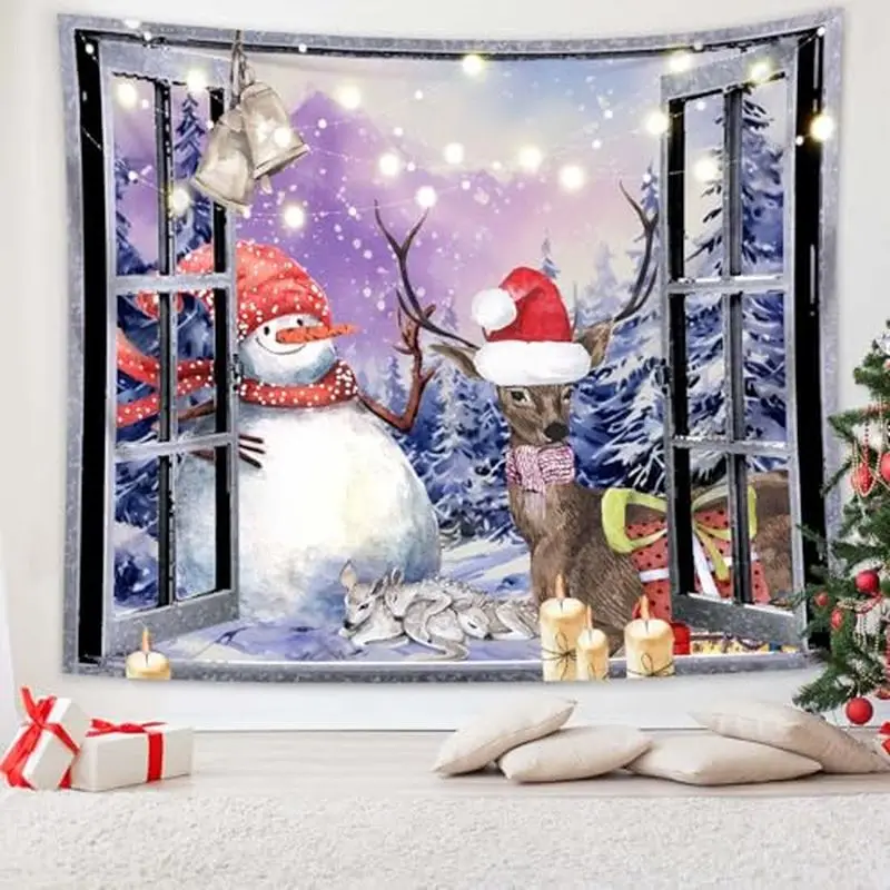 VIKAMA Christmas Snowman Reindeer Tapestry Winter Snow Forest Xmas Scene Wall Hanging Bedroom Party Decor