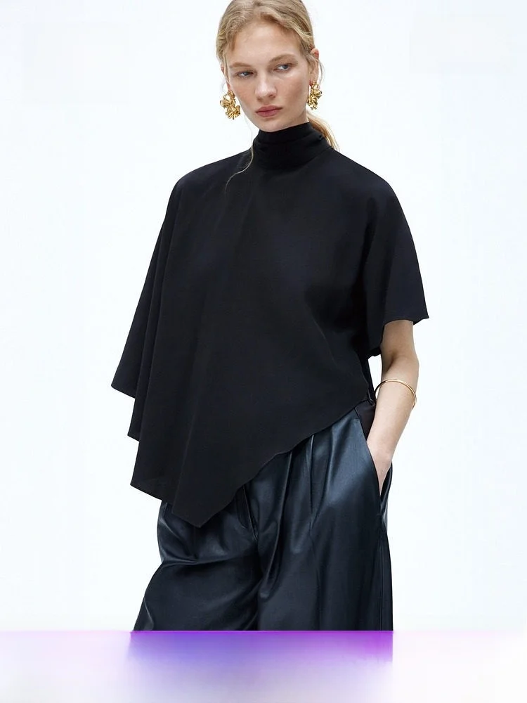 

H&M Asymmetric Women's Shirt Summer New Style Loose Fit Short Sleeve Stand Collar Viscose Fiber Simple Style Fashion Top