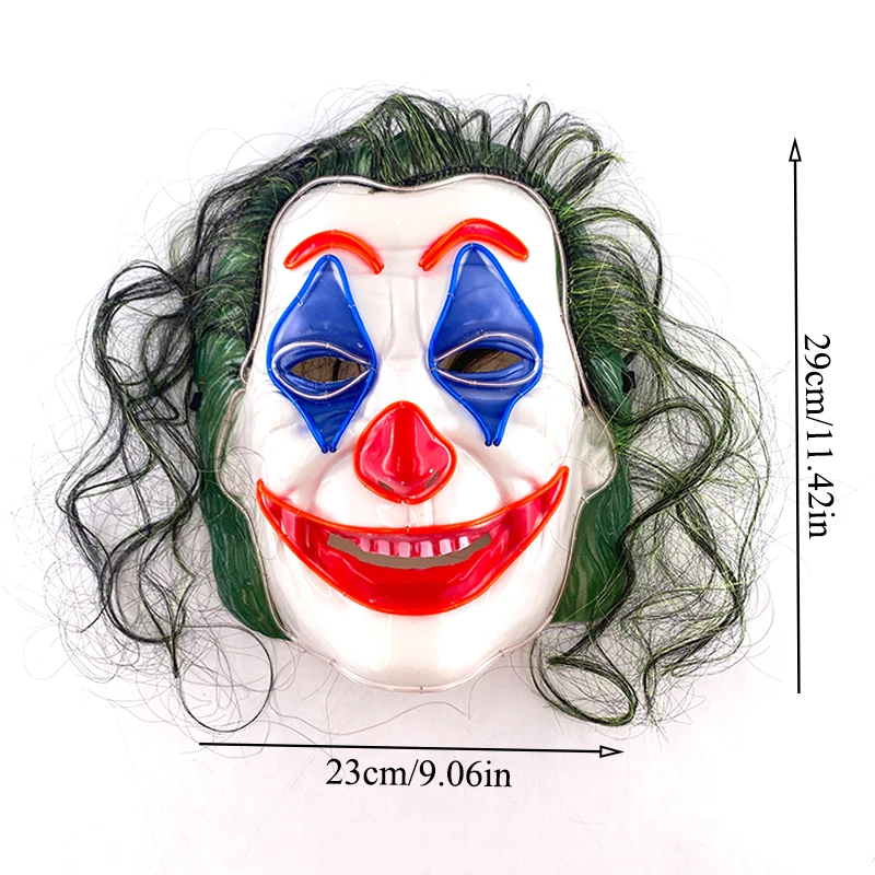 Maschera da clown a LED Maschera a tema spaventoso Costume da clown cosplay spettrale Puntelli Maschera divertente incandescente per uomo Maschera da clown dai capelli verdi Maschera rossa